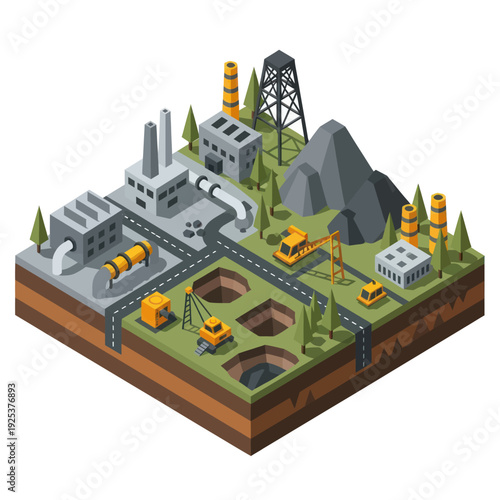 Industrial complex with mining and manufacturing facilities isometric view.
