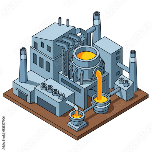 Industrial factory with molten metal pouring process illustration.