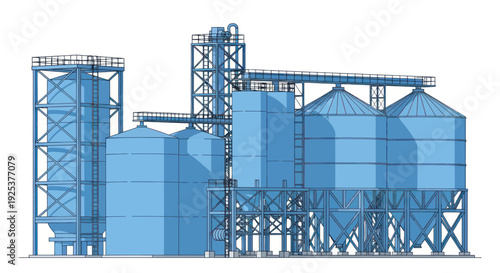 Industrial Grain Silos Storage Facility with Tall Towers and Conical Roofs.