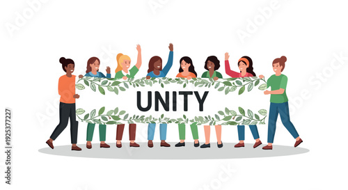 Diverse group of people holding a unity sign with green leaves on a white background in a colorful illustration.