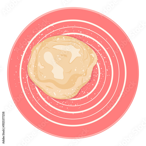 Realistic piece of raw dough on round silicone mat. Detailed image of fresh, uncooked dough placed on pink, round silicone baking mat. The dough texture is rendered as realistically as possible