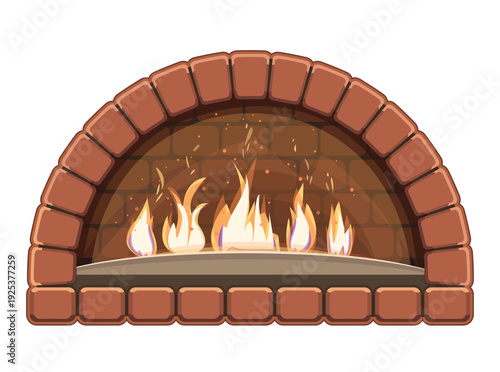Realistic fire with sparks in brick oven. Vector flame. Detailed vector illustration of an open fire blazing inside stove opening. The stove mouth is lined with classic red brick. Flames are depicted 