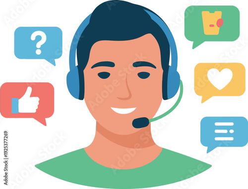 Customer Service Excellence: A friendly and approachable male customer service representative, wearing a headset, is surrounded by communication icons like speech bubbles and hearts.