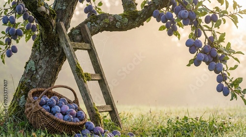 Plum tree with ripe fruits and basket on the ground in a misty morning atmosphere