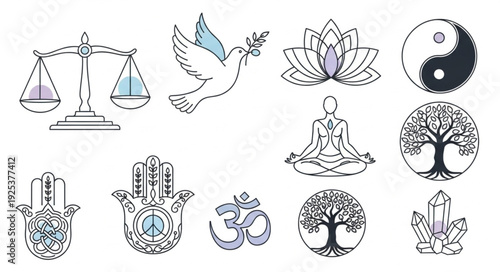 Collection of spiritual and symbolic icons for meditation and peace.