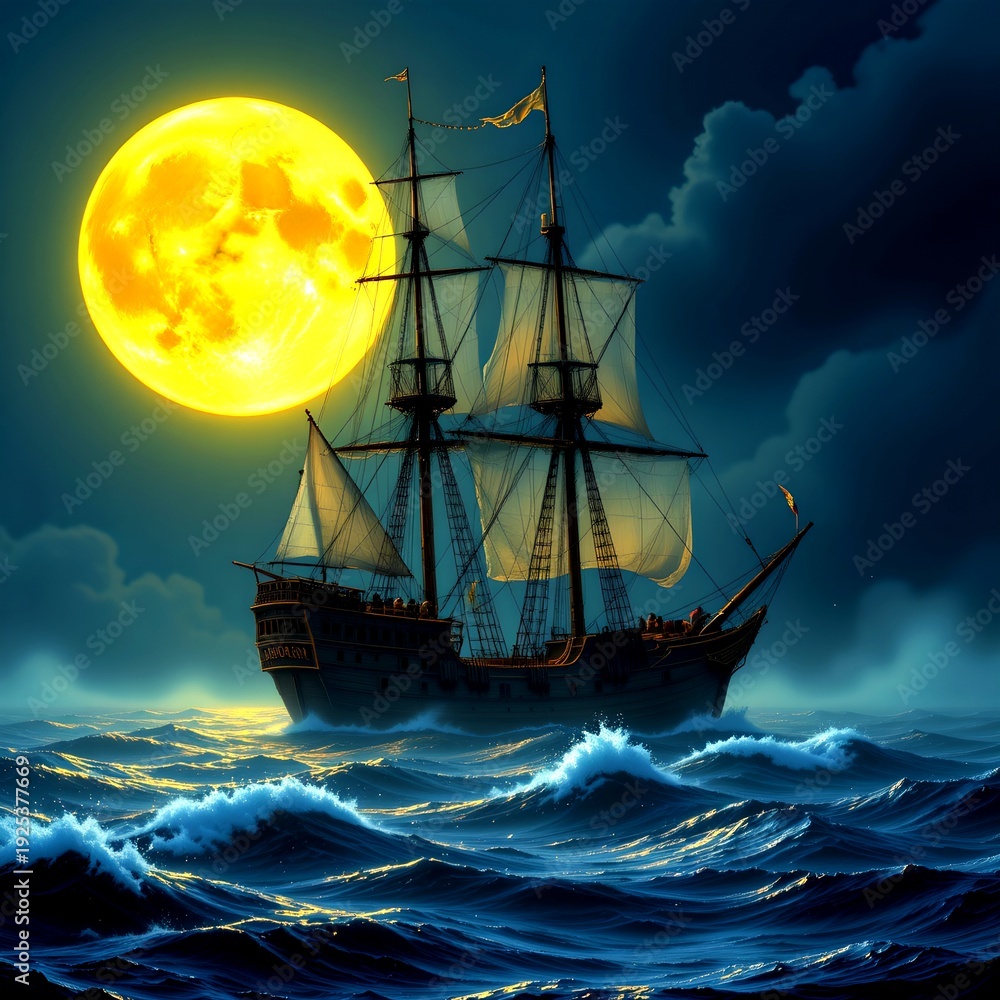 Fototapeta premium Misty Sea Voyage Under Glowing Moonlit