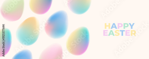 Happy Easter banner with soft colored blurred Easter Eggs. Festive background for Easter greetings and party invitations. Vector illustration.