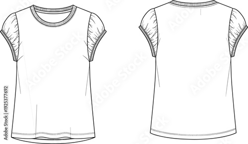 Puff sleeve t-shirt vector illustration technical sketch with front and back view isolated on white background for fashion design apparel mockup