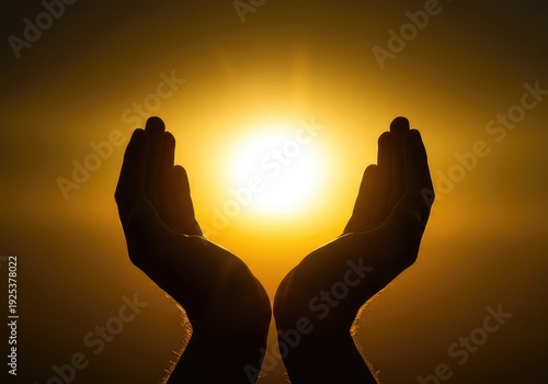 Golden sunlight filtering gently through cupped hands held up toward the heavens, suggesting prayer, hope, and divine favor. A feeling of peace and gratitude ,receiving ,belief ,blessing