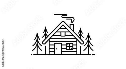 Cozy Log Cabin in Snowy Forest, Minimalist Line Art, Winter Scene, Smoke from Chimney