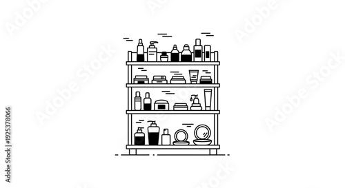Cosmetics Shelf Display: Skincare Products, Bottles, Jars, and Makeup on Shelves
