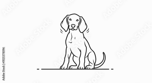 Cute Beagle Dog Sitting and Wagging Tail, Outline Illustration, White Background