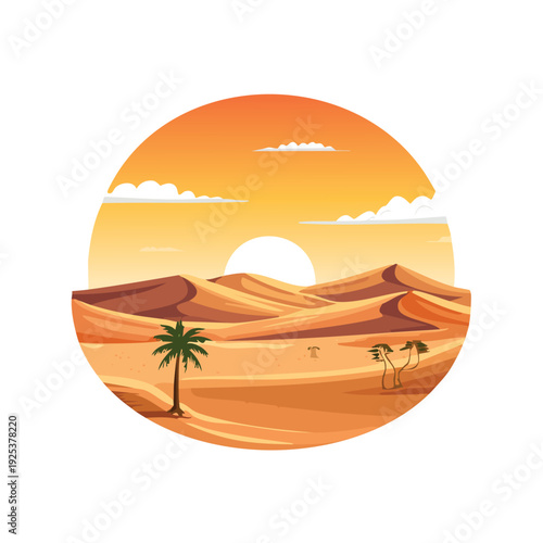 Desert landscape illustration with sand dunes and sunset