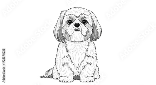 Cute Shih Tzu Dog Portrait, Adorable Puppy Sitting, Black and White Sketch