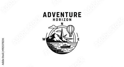 Adventure Horizon Logo Design with Mountains, Lake, Boat, and Hot Air Balloon - Travel Emblem