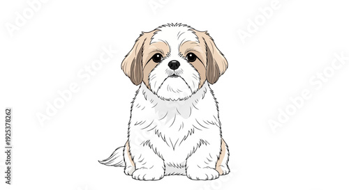 Cute Shih Tzu Puppy Sitting Portrait, Adorable Dog with Fluffy White and Tan Fur, Studio Shot