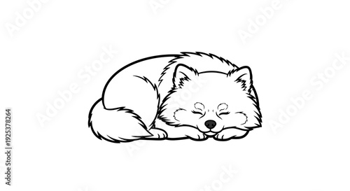 Cute Sleeping Fox Illustration, Kawaii Style, Black and White Line Art