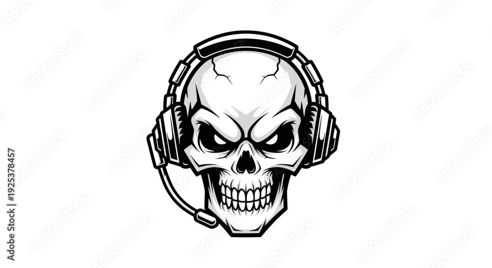Obraz premium Aggressive Skull Gamer Mascot with Headset and Microphone for Esports Logo