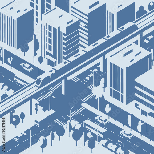Isometric Cityscape with Elevated Train and Urban Infrastructure.