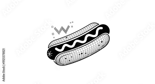 Classic Hot Dog Illustration with Wavy Sauce in Black and White Drawing Style