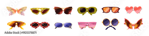 Fashion sunglasses set. Different stylish sun shades with various shapes of glasses and frames. Trendy eyeglasses. Summer accessories for men and women. Flat isolated vector illustrations on white.