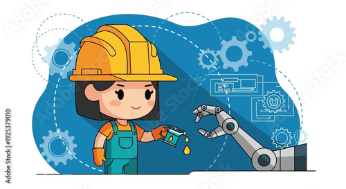 Cartoon Engineer Girl with Robotic Arm.