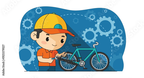 Cartoon Boy Repairing Bicycle with Tools.