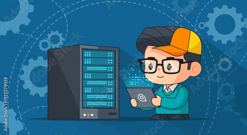 Cartoon Man Working on Computer Server.