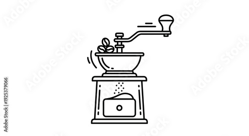 Vintage Coffee Grinder with Beans and Ground Coffee, Line Art Icon