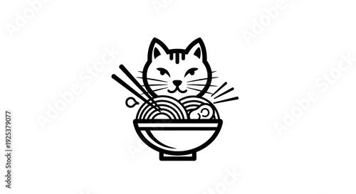 Cute Cat Ramen Bowl Logo Illustration with Chopsticks - Japanese Food Mascot Design