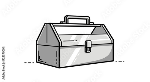 Vintage Metal Toolbox with Handle and Latch, Black and White Illustration