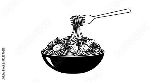 Spaghetti with Meatballs and Basil, Fork Twirling Pasta in Bowl, Black and White Line Art