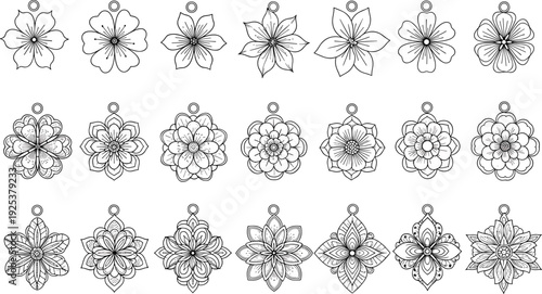 Set of floral flower pendant necklace earring charms vector illustrations with mandala patterns blossom petals bloom silhouettes line art for jewelry.