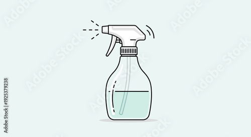 Spray bottle with liquid, spraying water or cleaning solution, isolated on light blue background