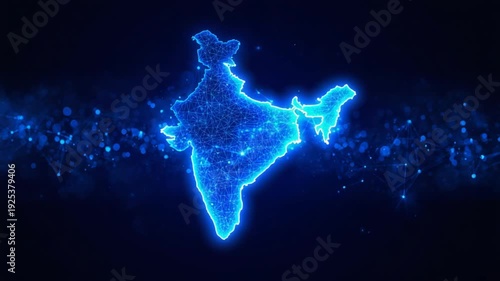 Digital representation of India's map formed by glowing blue interconnected lines and nodes network