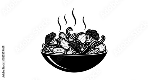 Steaming Bowl of Noodles with Broccoli and Vegetables, Hand-Drawn Illustration