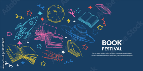 Flying books, rocket, stars in cosmos space. Vector sketch design for book festival or bookstore banner, poster, flyer