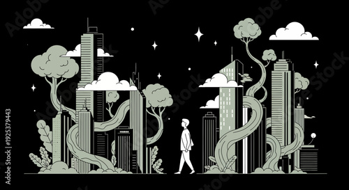 Man Walking Through Cityscape with Trees and Clouds.