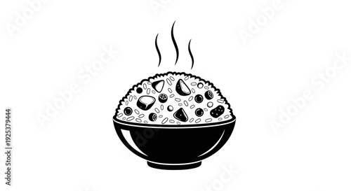 Steaming Bowl of Rice with Mixed Ingredients, Hot Food Icon, Vector Illustration