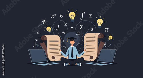 Man studying between two laptops with mathematical symbols.