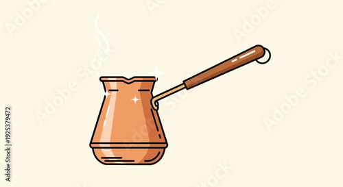 Steaming Copper Turkish Coffee Pot with Wooden Handle on Beige Background