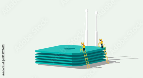 Miniature People Climbing Teal Paper Stack.