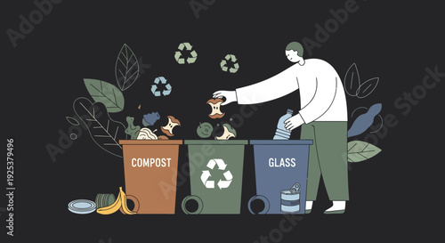 Person Recycling Waste into Colored Bins.