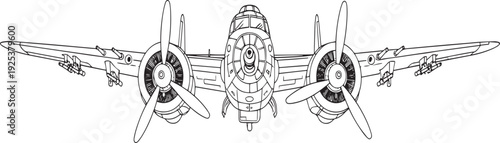 A vintage airplane with propellers and wings viewed from directly above in black and white