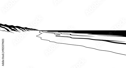 Minimalist Black and White Beach Landscape with Rolling Dunes and Ocean Horizon