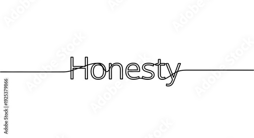 Honesty word in continuous line art style, black text on white background, concept of integrity and truth.