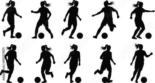 Set of professional female soccer player silhouettes dribbling footballs in various athletic poses isolated on white background for sports design.