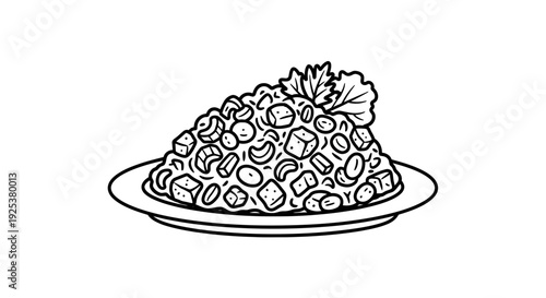 Hand-drawn illustration of a delicious mixed grain salad with nuts and herbs on a plate