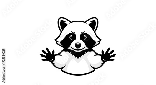 Friendly Raccoon Mascot Illustration with Open Arms - Black and White Vector Graphic
