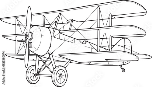 A vintage biplane aircraft with a propeller and wings in a detailed line drawing
